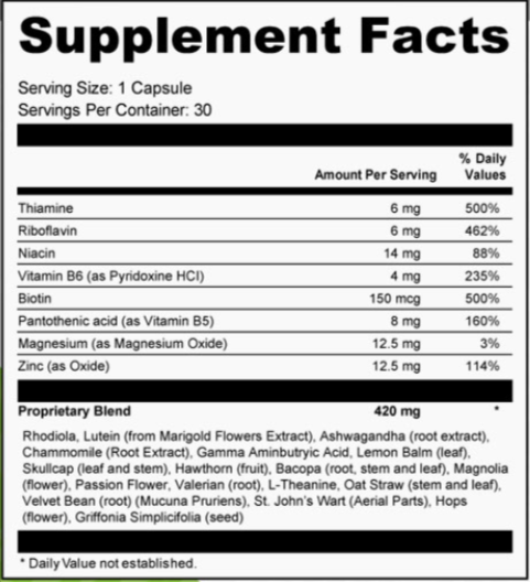 VidaCalm Supplement Fact